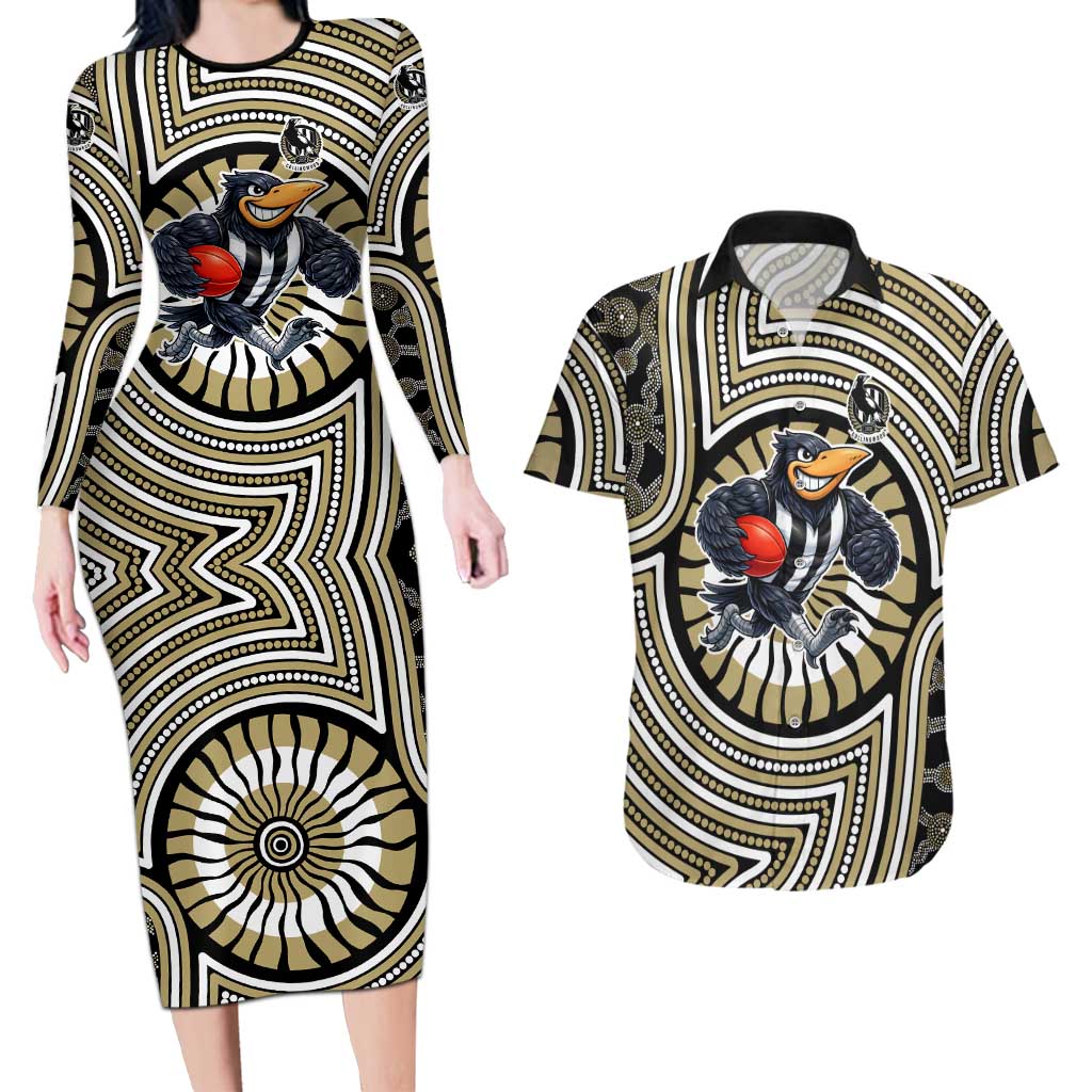 Collingwood Football Club Couples Matching Long Sleeve Bodycon Dress and Hawaiian Shirt Indigenous Monochrome Dot Art Mascot Style