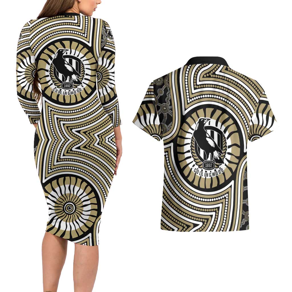 Collingwood Football Club Couples Matching Long Sleeve Bodycon Dress and Hawaiian Shirt Indigenous Monochrome Dot Art Mascot Style