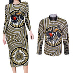 Collingwood Football Club Couples Matching Long Sleeve Bodycon Dress and Long Sleeve Button Shirt Indigenous Monochrome Dot Art Mascot Style