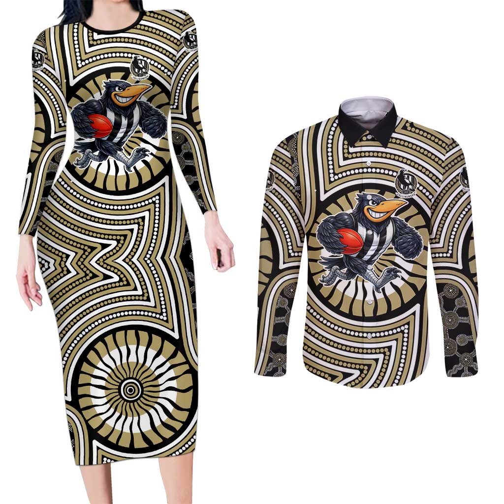 Collingwood Football Club Couples Matching Long Sleeve Bodycon Dress and Long Sleeve Button Shirt Indigenous Monochrome Dot Art Mascot Style