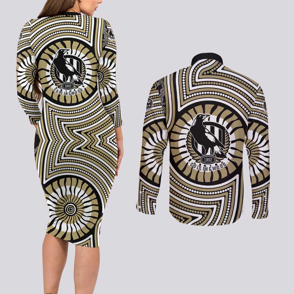 Collingwood Football Club Couples Matching Long Sleeve Bodycon Dress and Long Sleeve Button Shirt Indigenous Monochrome Dot Art Mascot Style