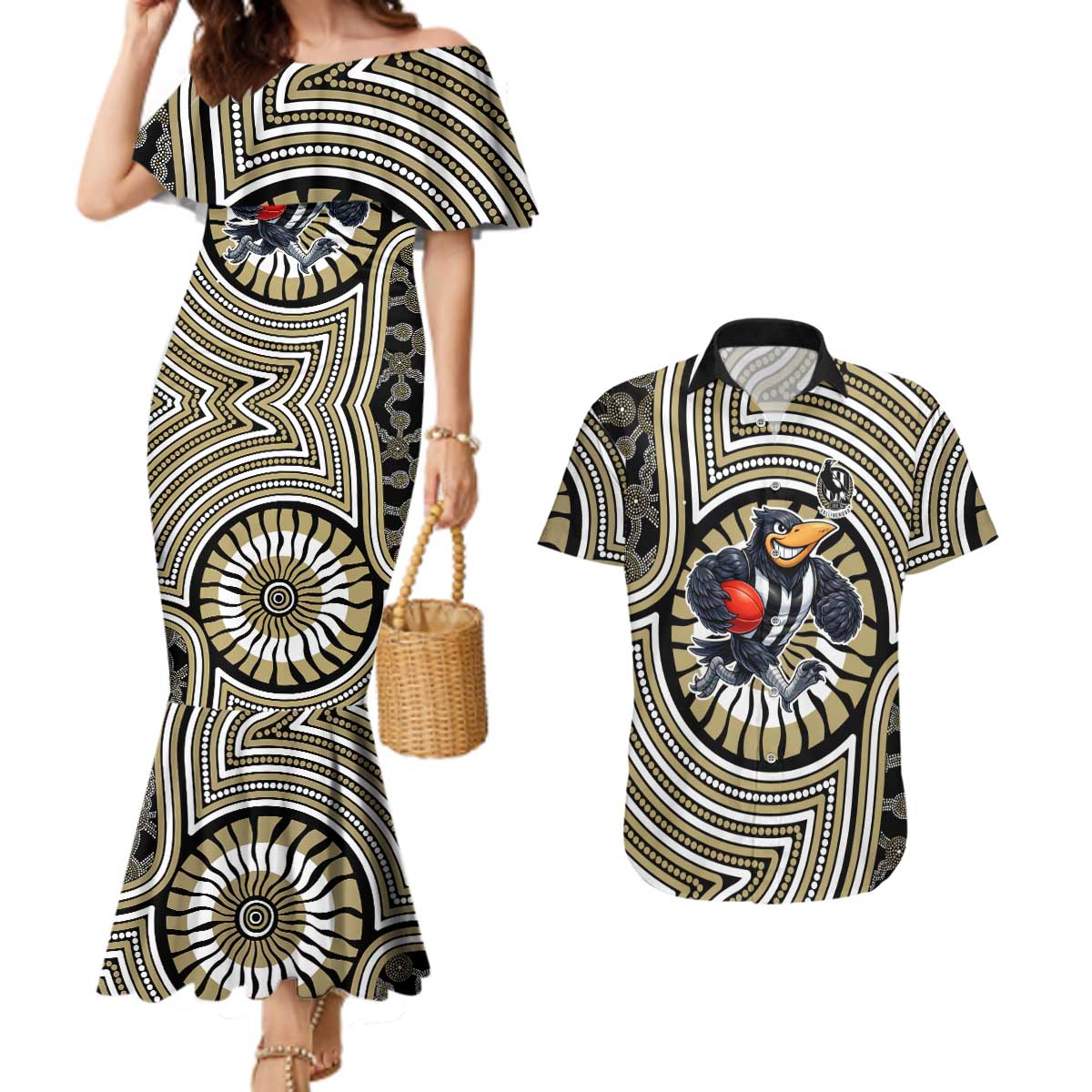 Collingwood Football Club Couples Matching Mermaid Dress and Hawaiian Shirt Indigenous Monochrome Dot Art Mascot Style