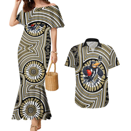 Collingwood Football Club Couples Matching Mermaid Dress and Hawaiian Shirt Indigenous Monochrome Dot Art Mascot Style