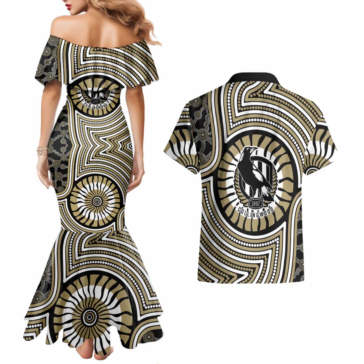 Collingwood Football Club Couples Matching Mermaid Dress and Hawaiian Shirt Indigenous Monochrome Dot Art Mascot Style