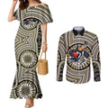 Collingwood Football Club Couples Matching Mermaid Dress and Long Sleeve Button Shirt Indigenous Monochrome Dot Art Mascot Style