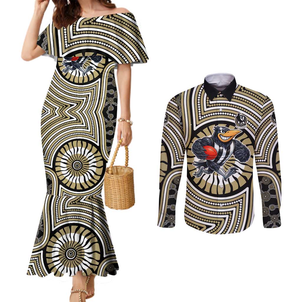 Collingwood Football Club Couples Matching Mermaid Dress and Long Sleeve Button Shirt Indigenous Monochrome Dot Art Mascot Style
