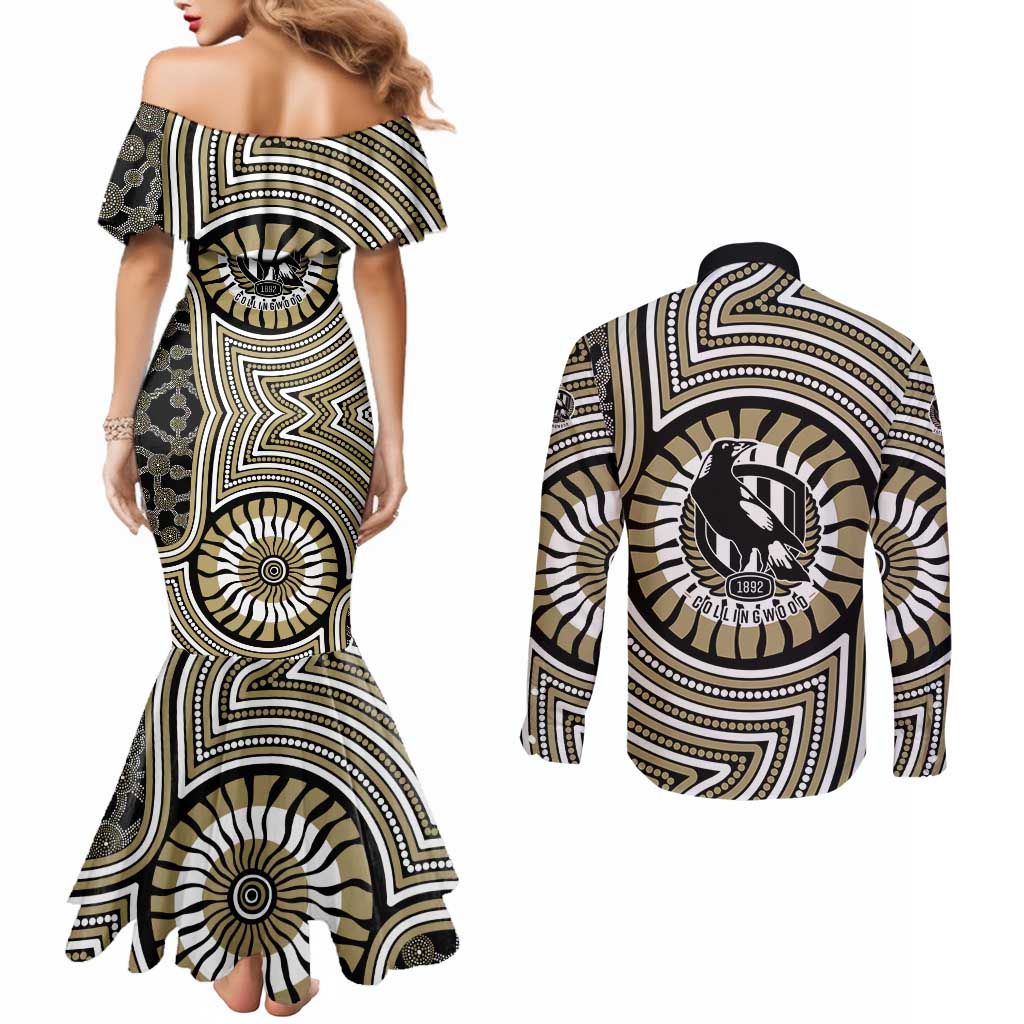 Collingwood Football Club Couples Matching Mermaid Dress and Long Sleeve Button Shirt Indigenous Monochrome Dot Art Mascot Style