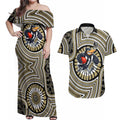 Collingwood Football Club Couples Matching Off Shoulder Maxi Dress and Hawaiian Shirt Indigenous Monochrome Dot Art Mascot Style