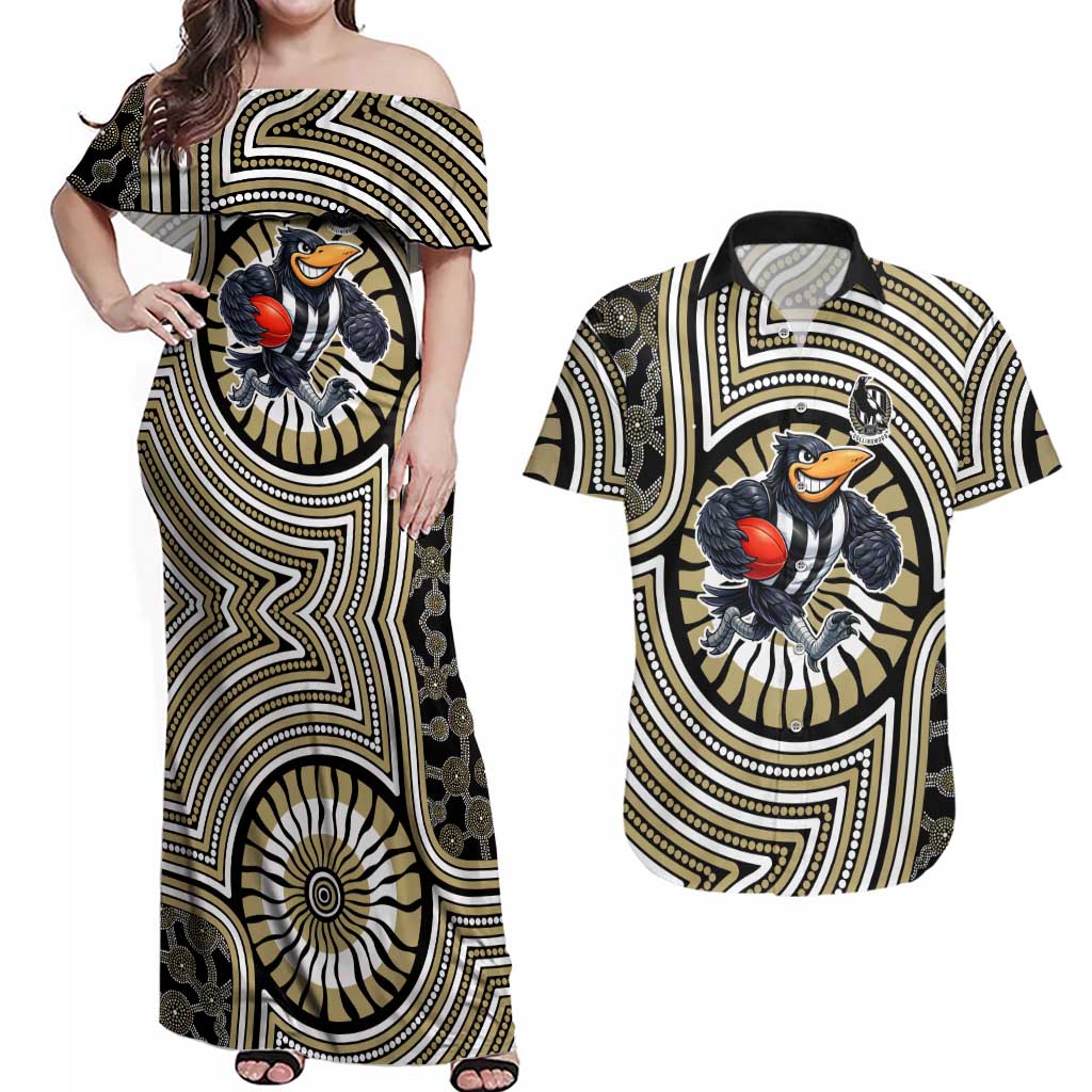 Collingwood Football Club Couples Matching Off Shoulder Maxi Dress and Hawaiian Shirt Indigenous Monochrome Dot Art Mascot Style