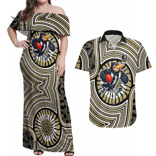 Collingwood Football Club Couples Matching Off Shoulder Maxi Dress and Hawaiian Shirt Indigenous Monochrome Dot Art Mascot Style