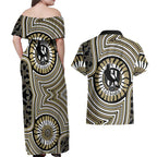 Collingwood Football Club Couples Matching Off Shoulder Maxi Dress and Hawaiian Shirt Indigenous Monochrome Dot Art Mascot Style