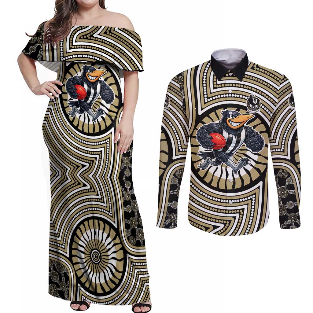 Collingwood Football Club Couples Matching Off Shoulder Maxi Dress and Long Sleeve Button Shirt Indigenous Monochrome Dot Art Mascot Style