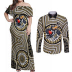Collingwood Football Club Couples Matching Off Shoulder Maxi Dress and Long Sleeve Button Shirt Indigenous Monochrome Dot Art Mascot Style