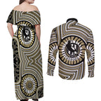 Collingwood Football Club Couples Matching Off Shoulder Maxi Dress and Long Sleeve Button Shirt Indigenous Monochrome Dot Art Mascot Style