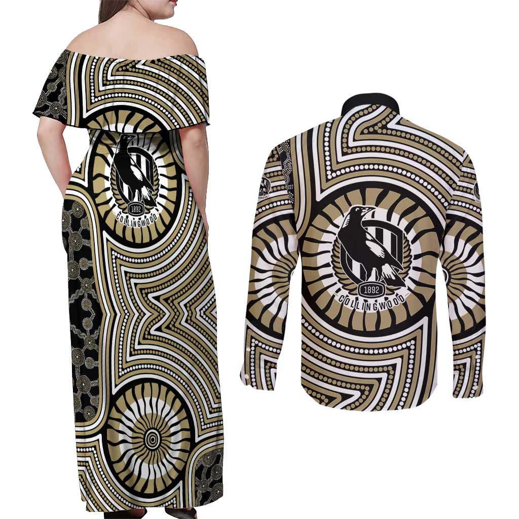 Collingwood Football Club Couples Matching Off Shoulder Maxi Dress and Long Sleeve Button Shirt Indigenous Monochrome Dot Art Mascot Style