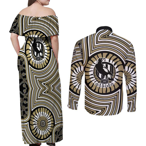 Collingwood Football Club Couples Matching Off Shoulder Maxi Dress and Long Sleeve Button Shirt Indigenous Monochrome Dot Art Mascot Style