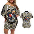 Collingwood Football Club Couples Matching Off Shoulder Short Dress and Hawaiian Shirt Indigenous Monochrome Dot Art Mascot Style