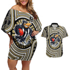 Collingwood Football Club Couples Matching Off Shoulder Short Dress and Hawaiian Shirt Indigenous Monochrome Dot Art Mascot Style