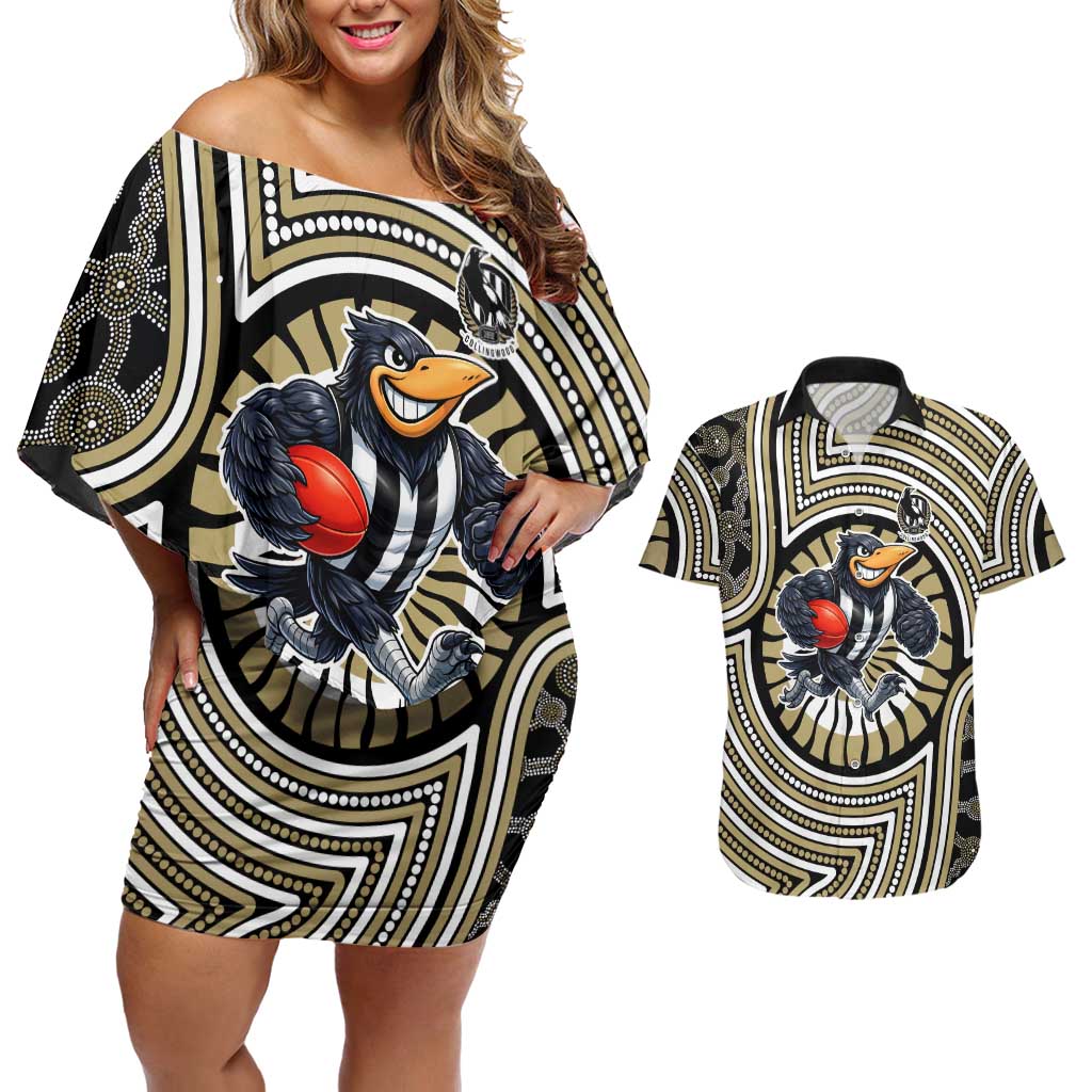 Collingwood Football Club Couples Matching Off Shoulder Short Dress and Hawaiian Shirt Indigenous Monochrome Dot Art Mascot Style