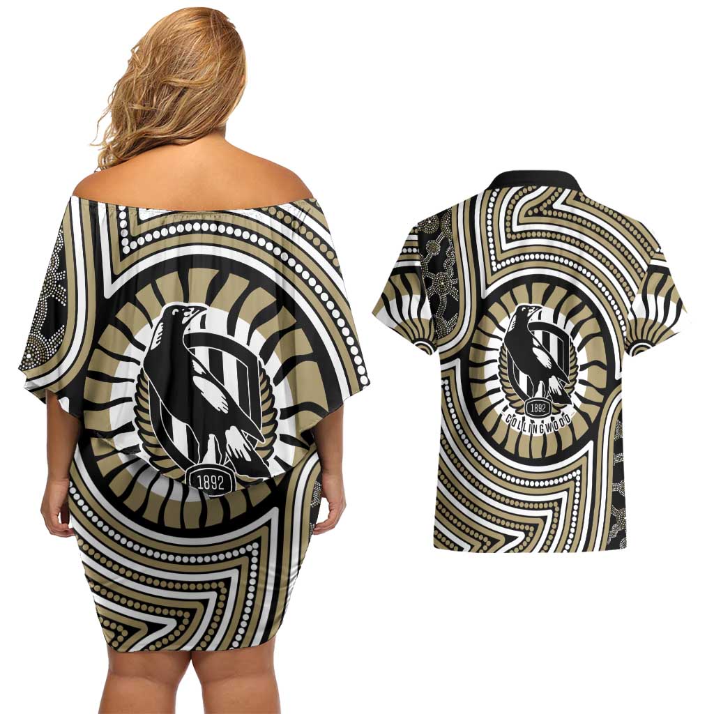 Collingwood Football Club Couples Matching Off Shoulder Short Dress and Hawaiian Shirt Indigenous Monochrome Dot Art Mascot Style