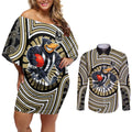 Collingwood Football Club Couples Matching Off Shoulder Short Dress and Long Sleeve Button Shirt Indigenous Monochrome Dot Art Mascot Style