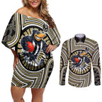 Collingwood Football Club Couples Matching Off Shoulder Short Dress and Long Sleeve Button Shirt Indigenous Monochrome Dot Art Mascot Style