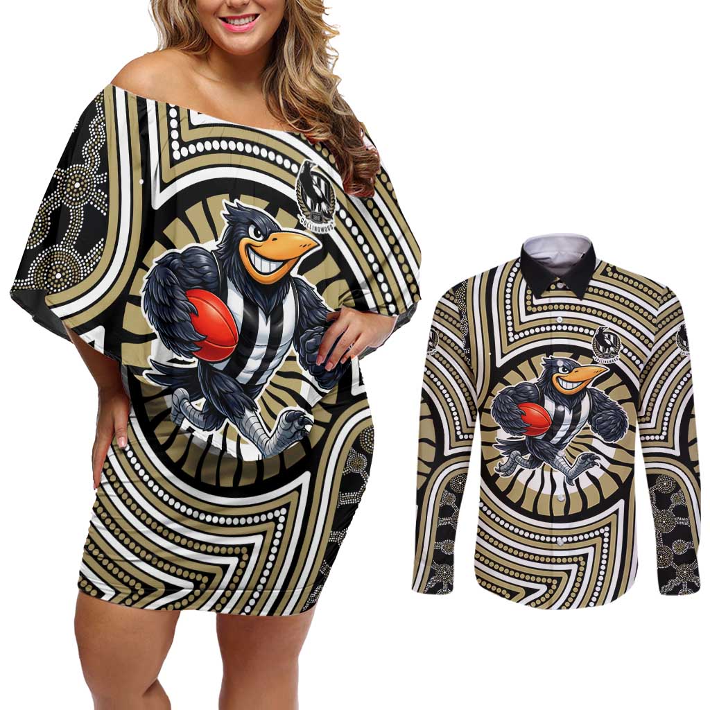 Collingwood Football Club Couples Matching Off Shoulder Short Dress and Long Sleeve Button Shirt Indigenous Monochrome Dot Art Mascot Style