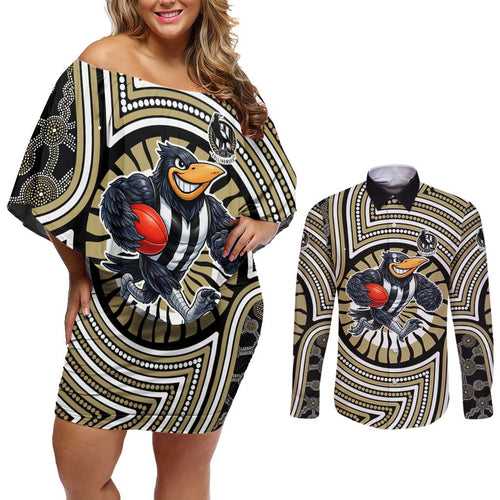 Collingwood Football Club Couples Matching Off Shoulder Short Dress and Long Sleeve Button Shirt Indigenous Monochrome Dot Art Mascot Style