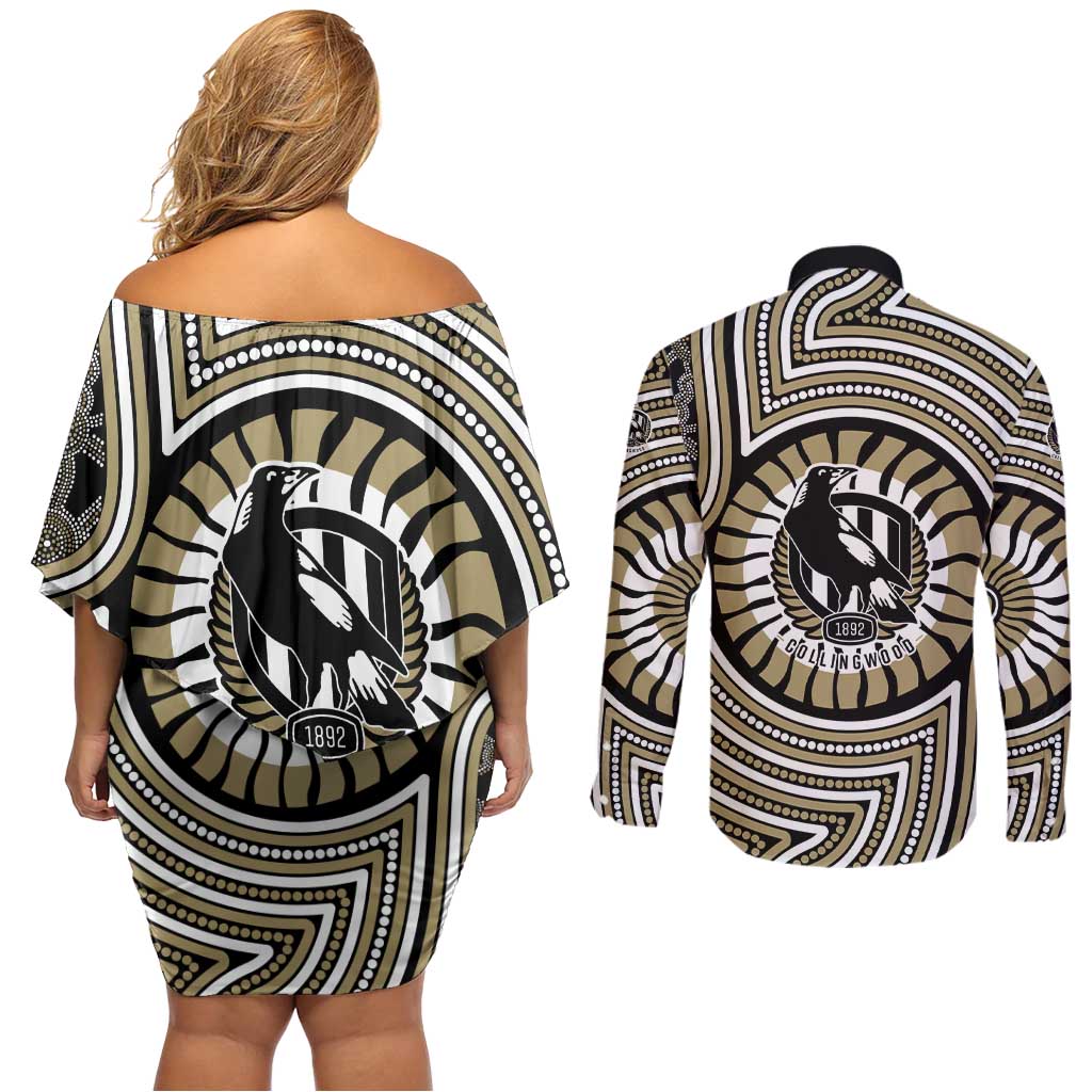 Collingwood Football Club Couples Matching Off Shoulder Short Dress and Long Sleeve Button Shirt Indigenous Monochrome Dot Art Mascot Style