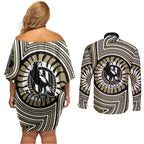 Collingwood Football Club Couples Matching Off Shoulder Short Dress and Long Sleeve Button Shirt Indigenous Monochrome Dot Art Mascot Style