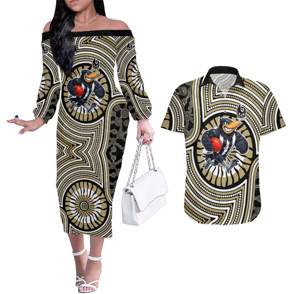Collingwood Football Club Couples Matching Off The Shoulder Long Sleeve Dress and Hawaiian Shirt Indigenous Monochrome Dot Art Mascot Style