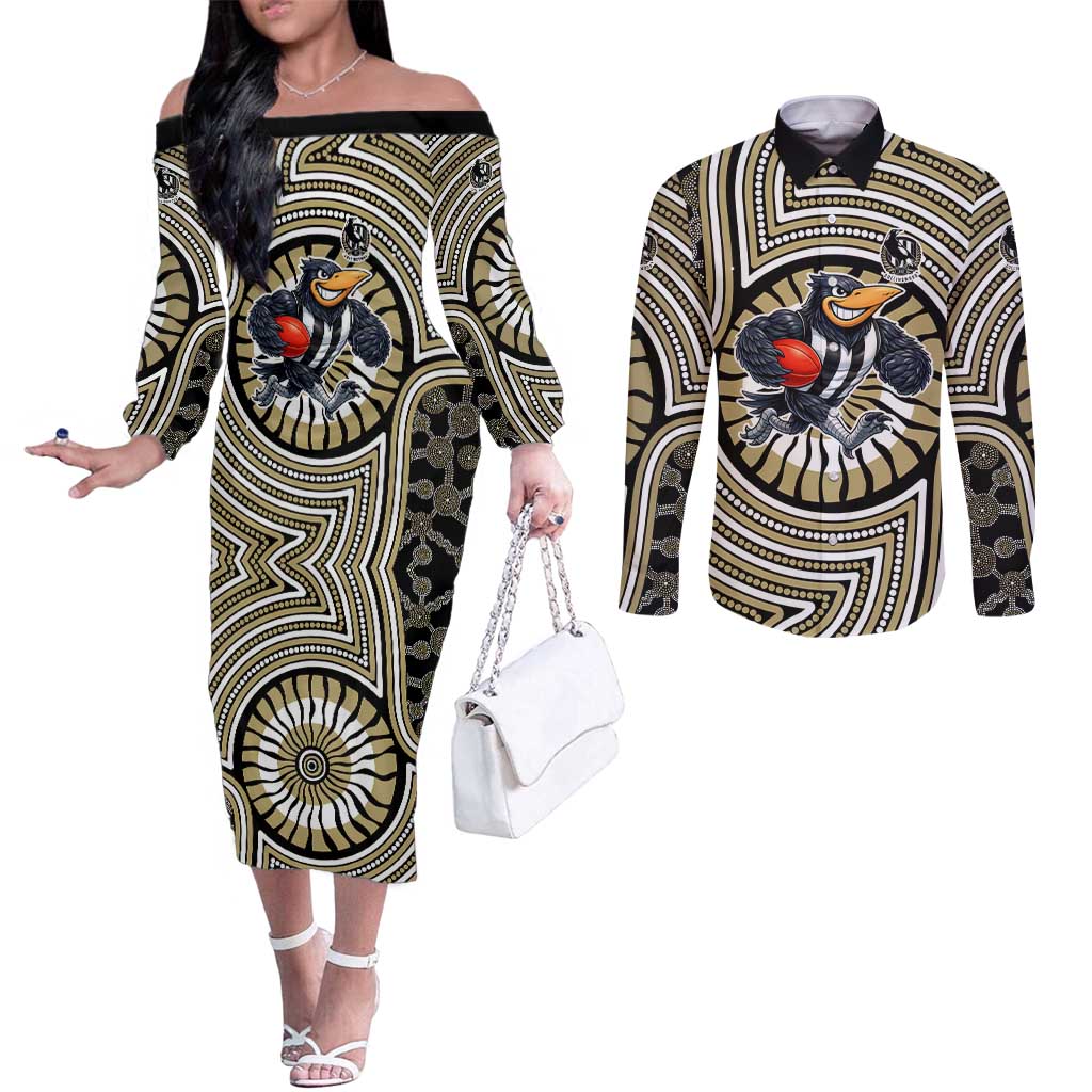 Collingwood Football Club Couples Matching Off The Shoulder Long Sleeve Dress and Long Sleeve Button Shirt Indigenous Monochrome Dot Art Mascot Style