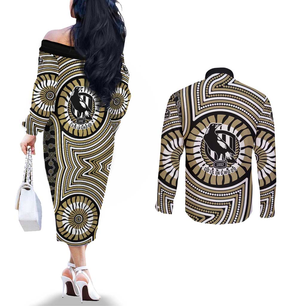 Collingwood Football Club Couples Matching Off The Shoulder Long Sleeve Dress and Long Sleeve Button Shirt Indigenous Monochrome Dot Art Mascot Style