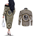 Collingwood Football Club Couples Matching Off The Shoulder Long Sleeve Dress and Long Sleeve Button Shirt Indigenous Monochrome Dot Art Mascot Style
