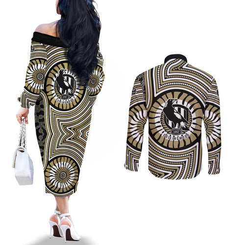 Collingwood Football Club Couples Matching Off The Shoulder Long Sleeve Dress and Long Sleeve Button Shirt Indigenous Monochrome Dot Art Mascot Style