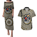 Collingwood Football Club Couples Matching Puletasi and Hawaiian Shirt Indigenous Monochrome Dot Art Mascot Style