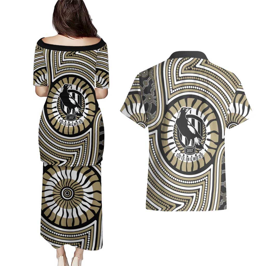 Collingwood Football Club Couples Matching Puletasi and Hawaiian Shirt Indigenous Monochrome Dot Art Mascot Style