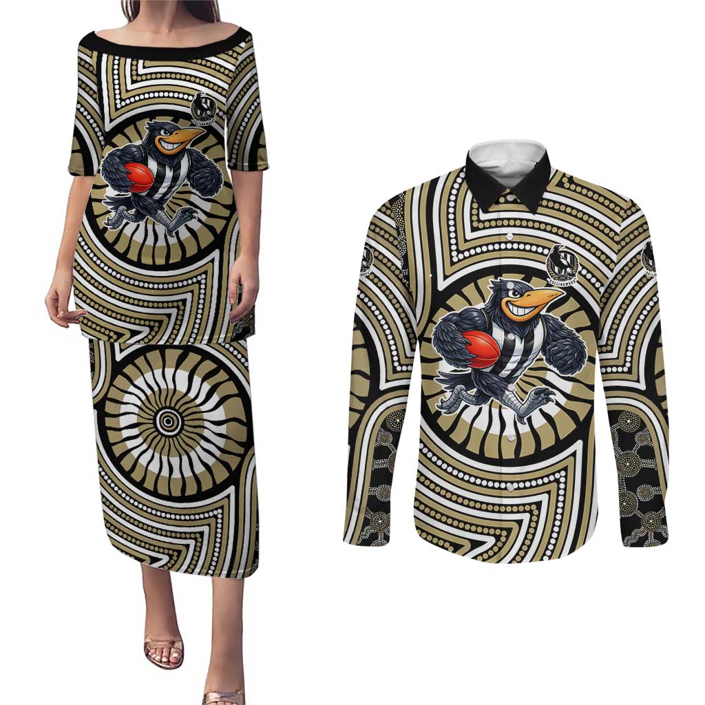 Collingwood Football Club Couples Matching Puletasi and Long Sleeve Button Shirt Indigenous Monochrome Dot Art Mascot Style