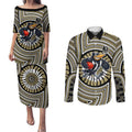 Collingwood Football Club Couples Matching Puletasi and Long Sleeve Button Shirt Indigenous Monochrome Dot Art Mascot Style