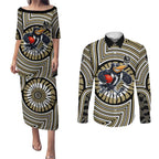Collingwood Football Club Couples Matching Puletasi and Long Sleeve Button Shirt Indigenous Monochrome Dot Art Mascot Style