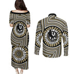 Collingwood Football Club Couples Matching Puletasi and Long Sleeve Button Shirt Indigenous Monochrome Dot Art Mascot Style