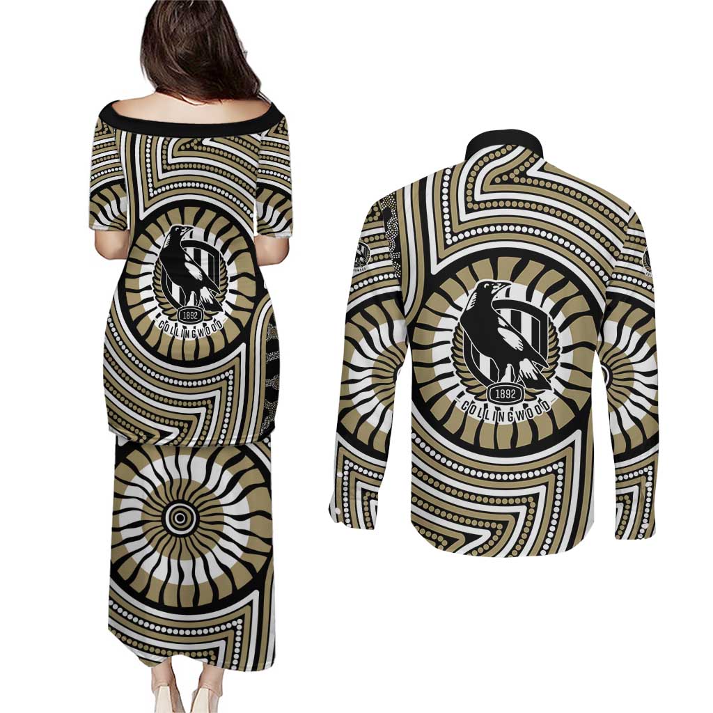 Collingwood Football Club Couples Matching Puletasi and Long Sleeve Button Shirt Indigenous Monochrome Dot Art Mascot Style