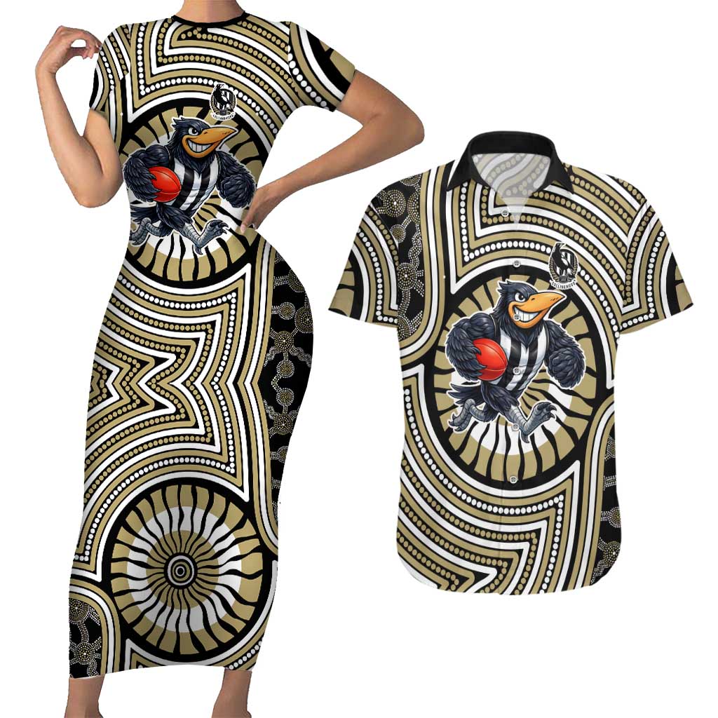 Collingwood Football Club Couples Matching Short Sleeve Bodycon Dress and Hawaiian Shirt Indigenous Monochrome Dot Art Mascot Style