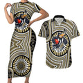 Collingwood Football Club Couples Matching Short Sleeve Bodycon Dress and Hawaiian Shirt Indigenous Monochrome Dot Art Mascot Style