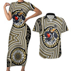 Collingwood Football Club Couples Matching Short Sleeve Bodycon Dress and Hawaiian Shirt Indigenous Monochrome Dot Art Mascot Style