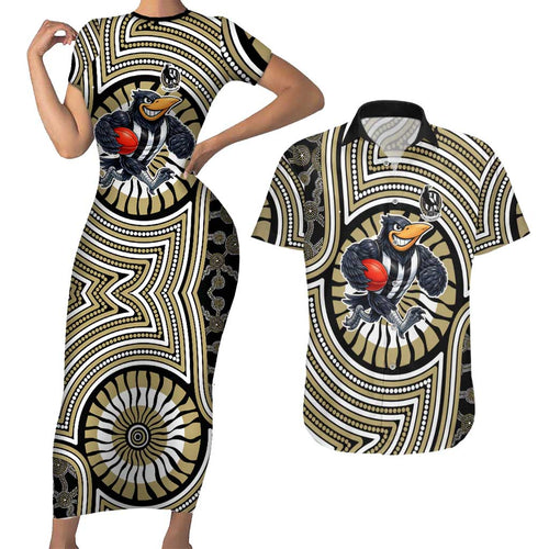 Collingwood Football Club Couples Matching Short Sleeve Bodycon Dress and Hawaiian Shirt Indigenous Monochrome Dot Art Mascot Style