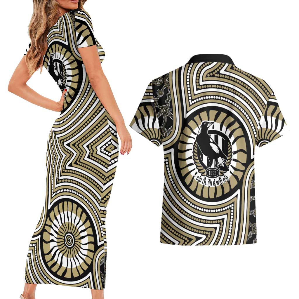 Collingwood Football Club Couples Matching Short Sleeve Bodycon Dress and Hawaiian Shirt Indigenous Monochrome Dot Art Mascot Style