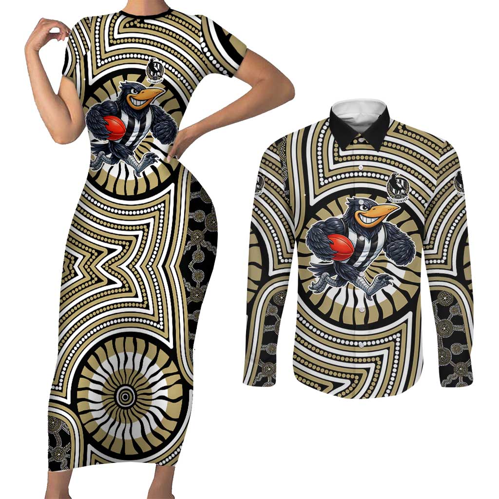 Collingwood Football Club Couples Matching Short Sleeve Bodycon Dress and Long Sleeve Button Shirt Indigenous Monochrome Dot Art Mascot Style