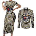 Collingwood Football Club Couples Matching Short Sleeve Bodycon Dress and Long Sleeve Button Shirt Indigenous Monochrome Dot Art Mascot Style