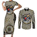 Collingwood Football Club Couples Matching Short Sleeve Bodycon Dress and Long Sleeve Button Shirt Indigenous Monochrome Dot Art Mascot Style